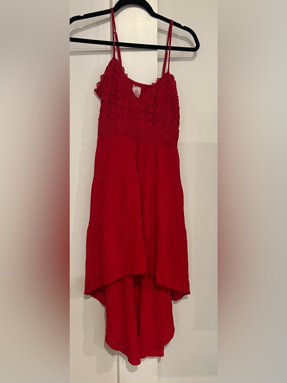 No Boundaries Red Crochet Bodice Layered Spaghetti Strap Dress